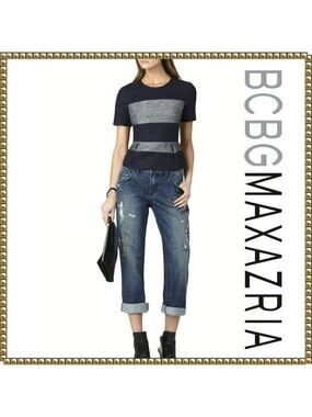 BCBGMAXAZRIA Linen Blend Peplum Top Navy Gray Extra Small
